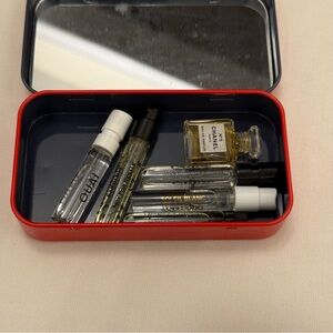 6 piece lot designer + niche perfume samples + tin box
